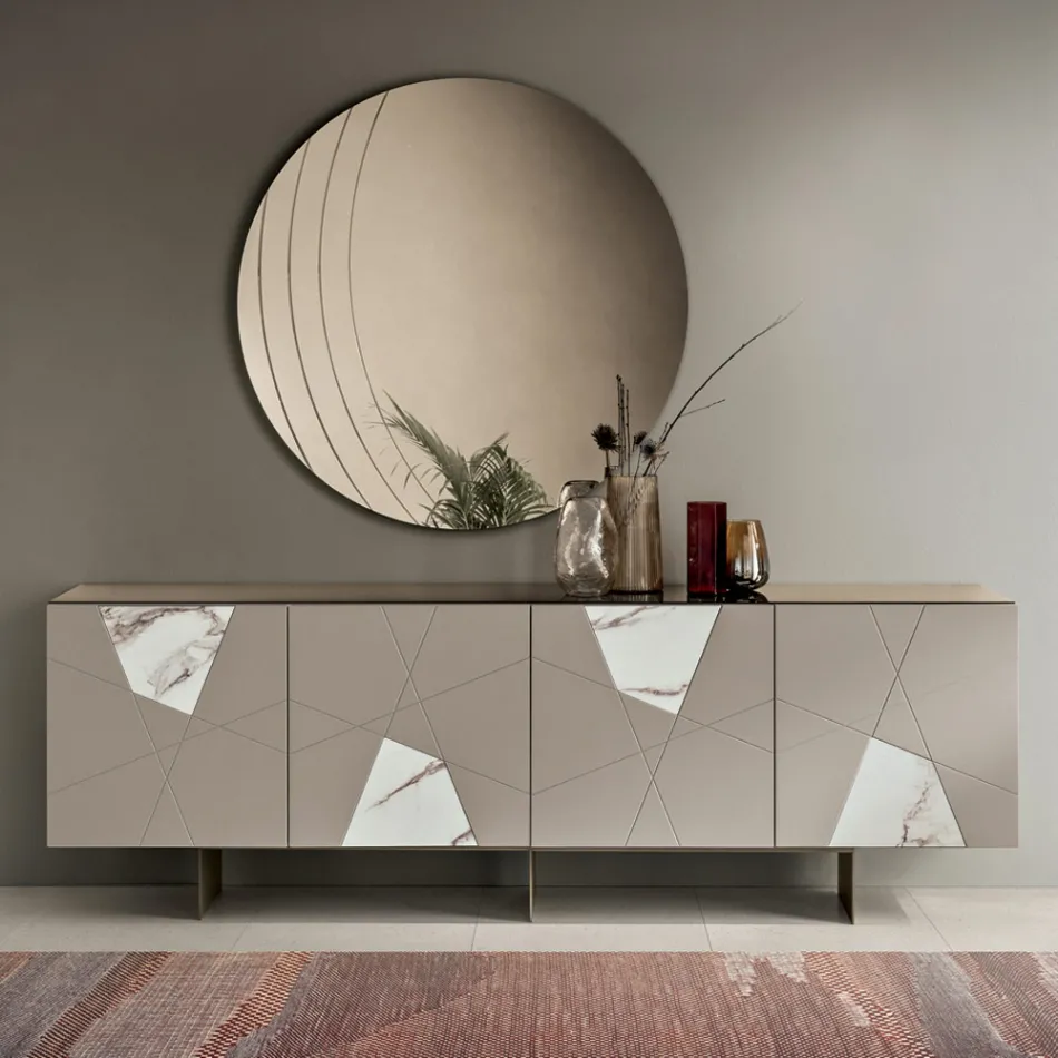 Sideboard mit 4 Türen aus lackiertem MDF mit Pantograph und Glaseinsätzen in Marmoroptik - Danila Viadurini