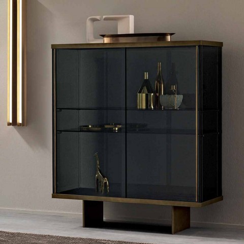 Mobiles Sideboard für Wohnzimmer aus Glas und Marmor im italienischen