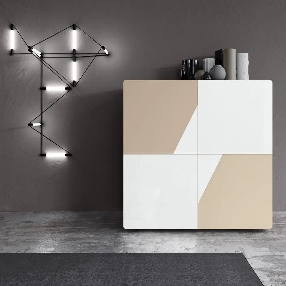 Wohnzimmer-Sideboard mit 4 Türen aus weißem Glas und Nerz-Finish, hergestellt in Italien – Eva Viadurini