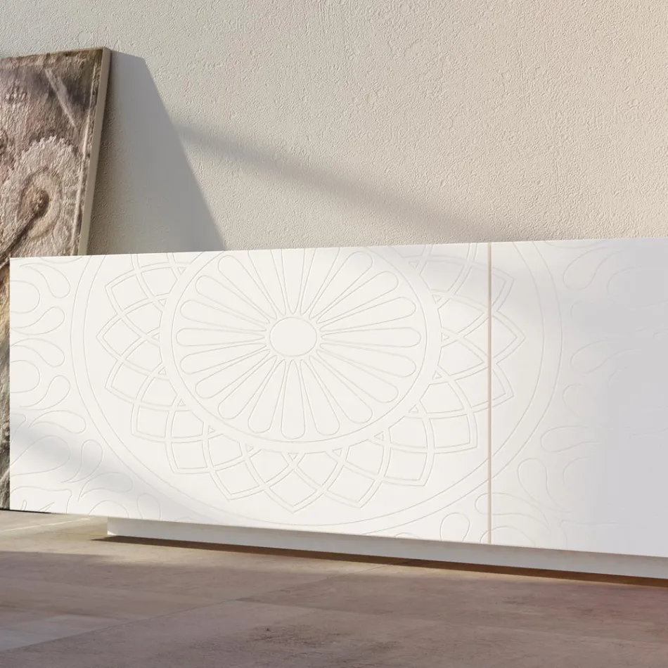 Wohnzimmer-Sideboard aus weißem MDF mit Basrelief Made in Italy - Stilea Viadurini