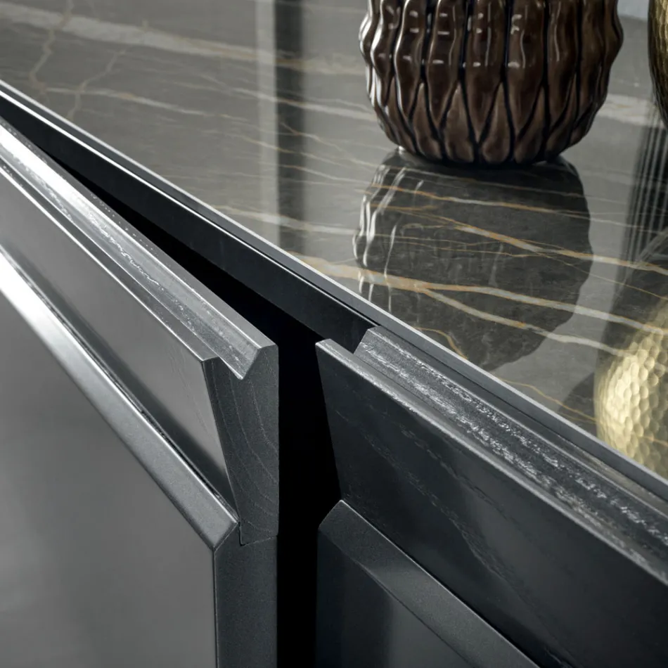 3-türiges Sideboard aus Holz mit schräger Kante und Keramikplatte - Mondolfo Viadurini