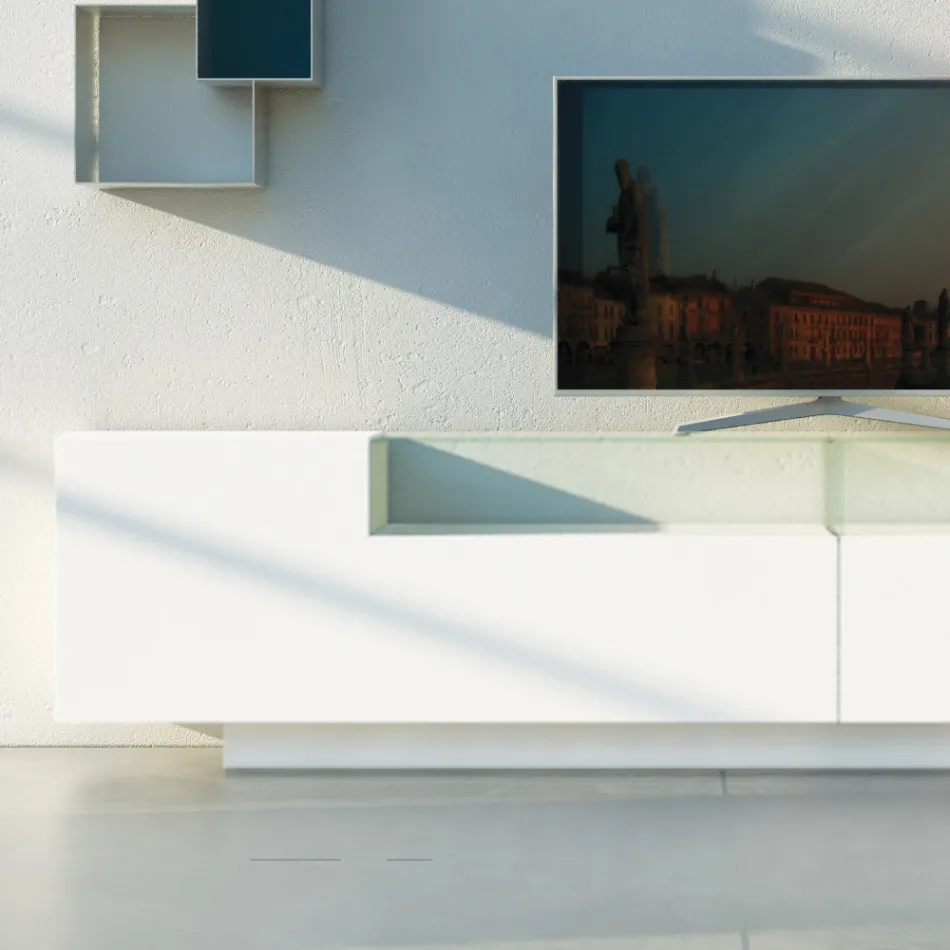 Sideboard aus weißem MDF mit Glaskasten und Sockelfuß Made in Italy - Kisha Viadurini