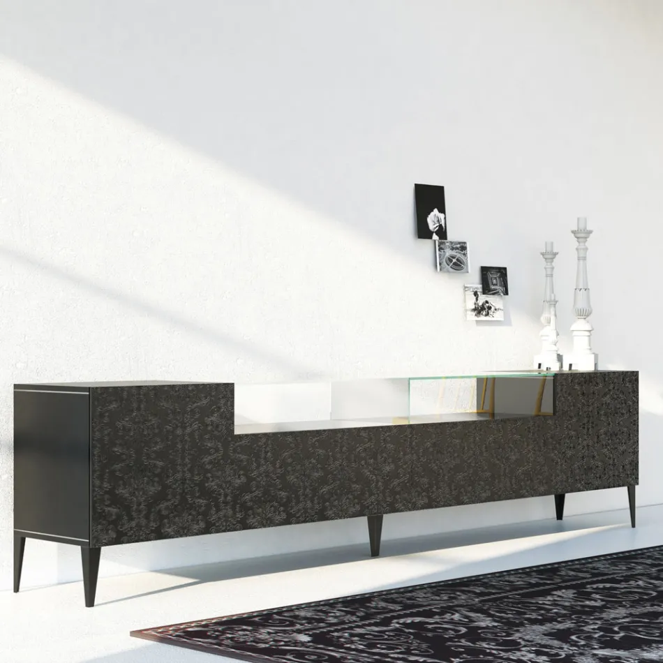 Sideboard aus schwarzem MDF mit Glaskasten und verzierten Türen Made in Italy - Marissa Viadurini