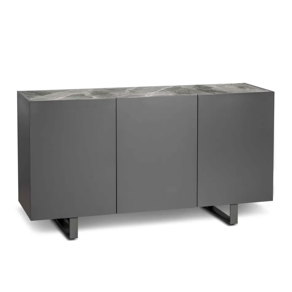 Sideboard aus MDF, Tischplatte aus Keramik in grauer Marmoroptik mit 3 Push-Pull-Click-Türen Viadurini