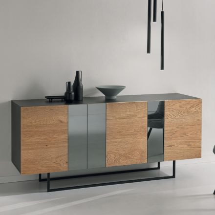 Sideboard aus Melamin mit 3 Eichentüren und Spiegel, hergestellt in Italien – Romina Viadurini