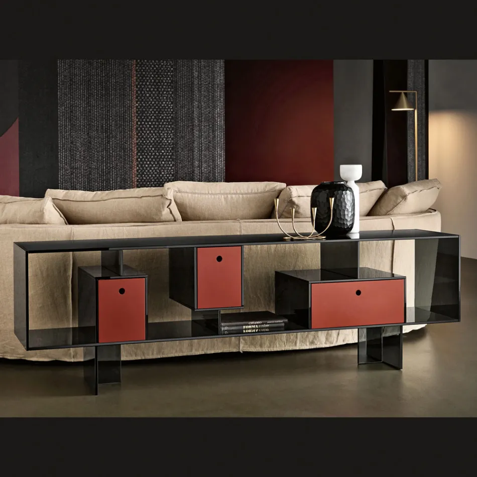 Sideboard aus Glas mit drei Schubladen, elegantes Design, hergestellt in Italien - Senera Viadurini