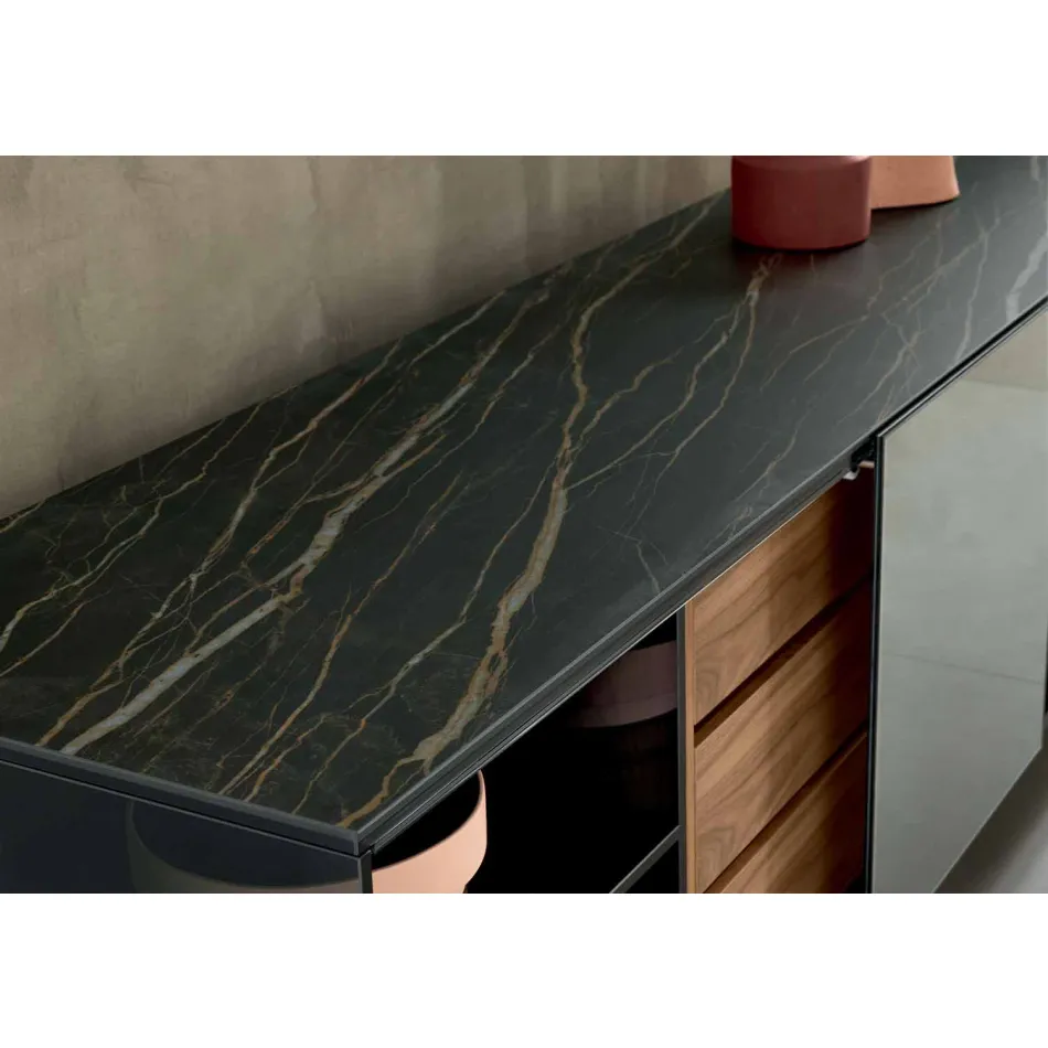 Modernes Sideboard auf Rauchglasrädern und Keramikplatte Made in Italy - Sciocca Viadurini