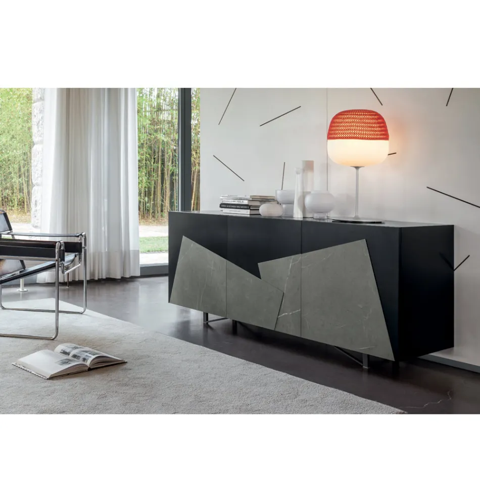 Wohnzimmer Sideboard aus lackiertem Mdf 3 Türen mit Keramikeinsätzen - Imperio Viadurini