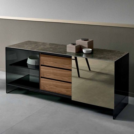 Rauchglas Wohnzimmer Sideboard mit Bronze Spiegeltür Made in Italy - Dumm Viadurini