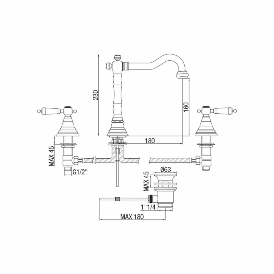 Klassischer 3-Loch Messing Waschtischmischer Made in Italy - Shelly Viadurini