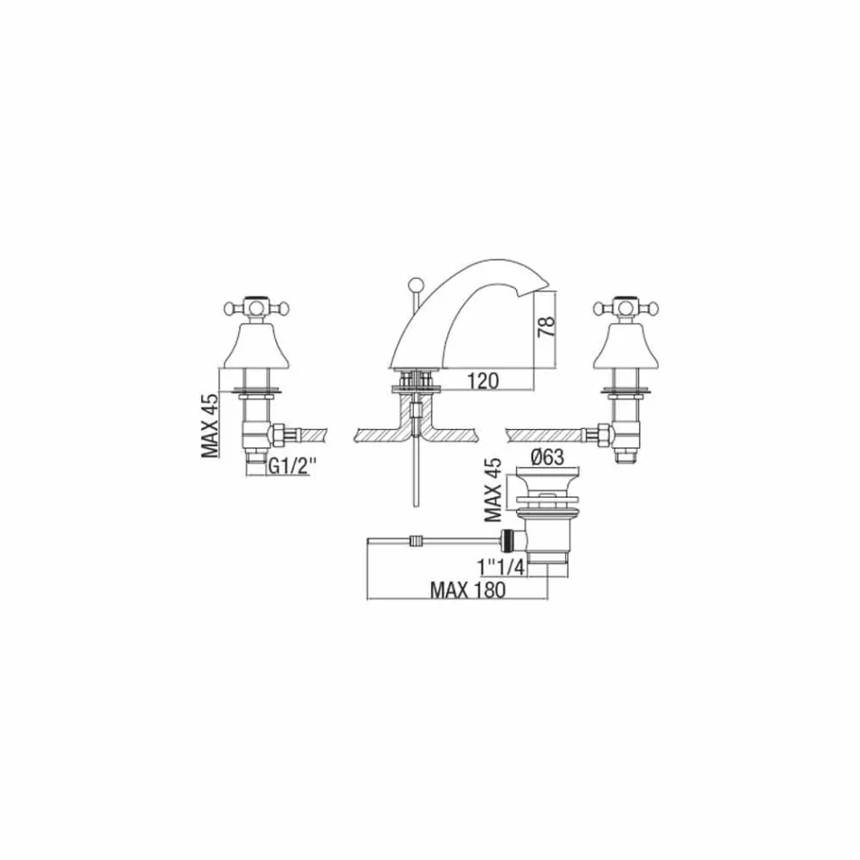 Klassisches Design 3-Loch-Waschtischmischer aus Messing Made in Italy - Lisca Viadurini