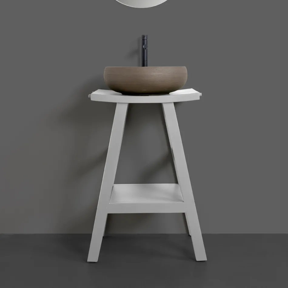 Badezimmermöbel mit Holzoberfläche und grauer halbgebogener Platte - Raomi Viadurini