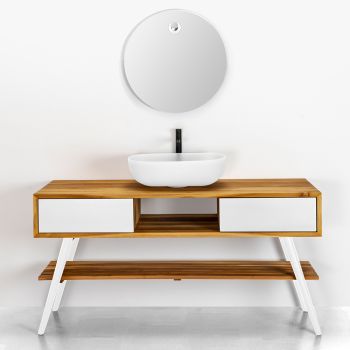 Weißer Badezimmerschrank in modernem Design aus natürlichem Teakholz mit weißen Schubladen - Hamadou