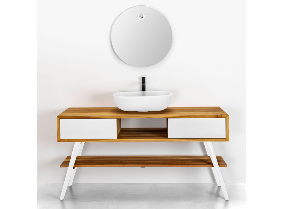 Weißer Badezimmerschrank in modernem Design aus natürlichem Teakholz mit weißen Schubladen - Hamadou Viadurini