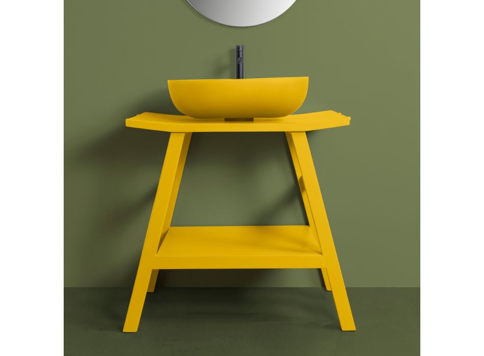 Badezimmerschrank aus gelbem Teakholz mit halbgebogener Platte und praktischer Ablage - Crina