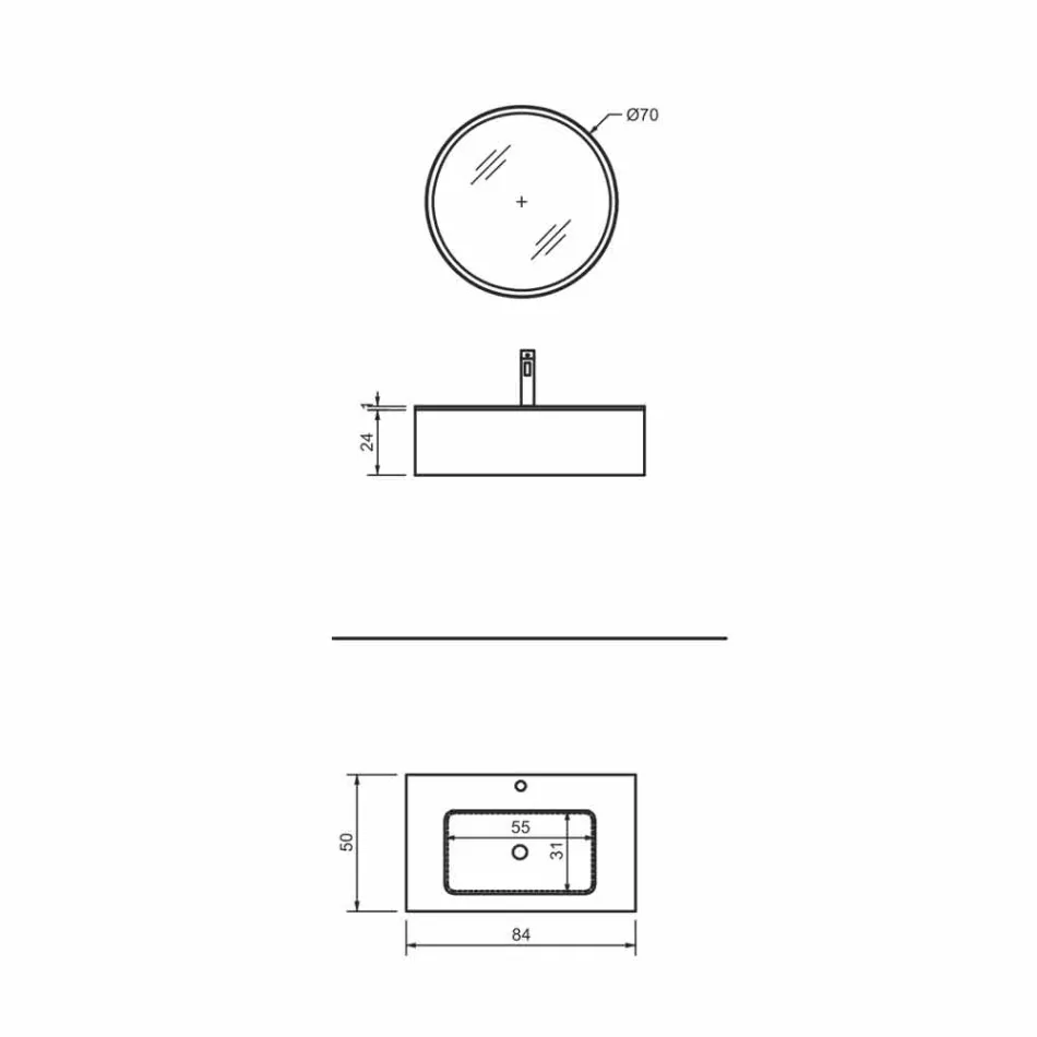 Hängender Badezimmerschrank mit Schublade und integriertem Waschbecken und rundem Spiegel - Renga Viadurini