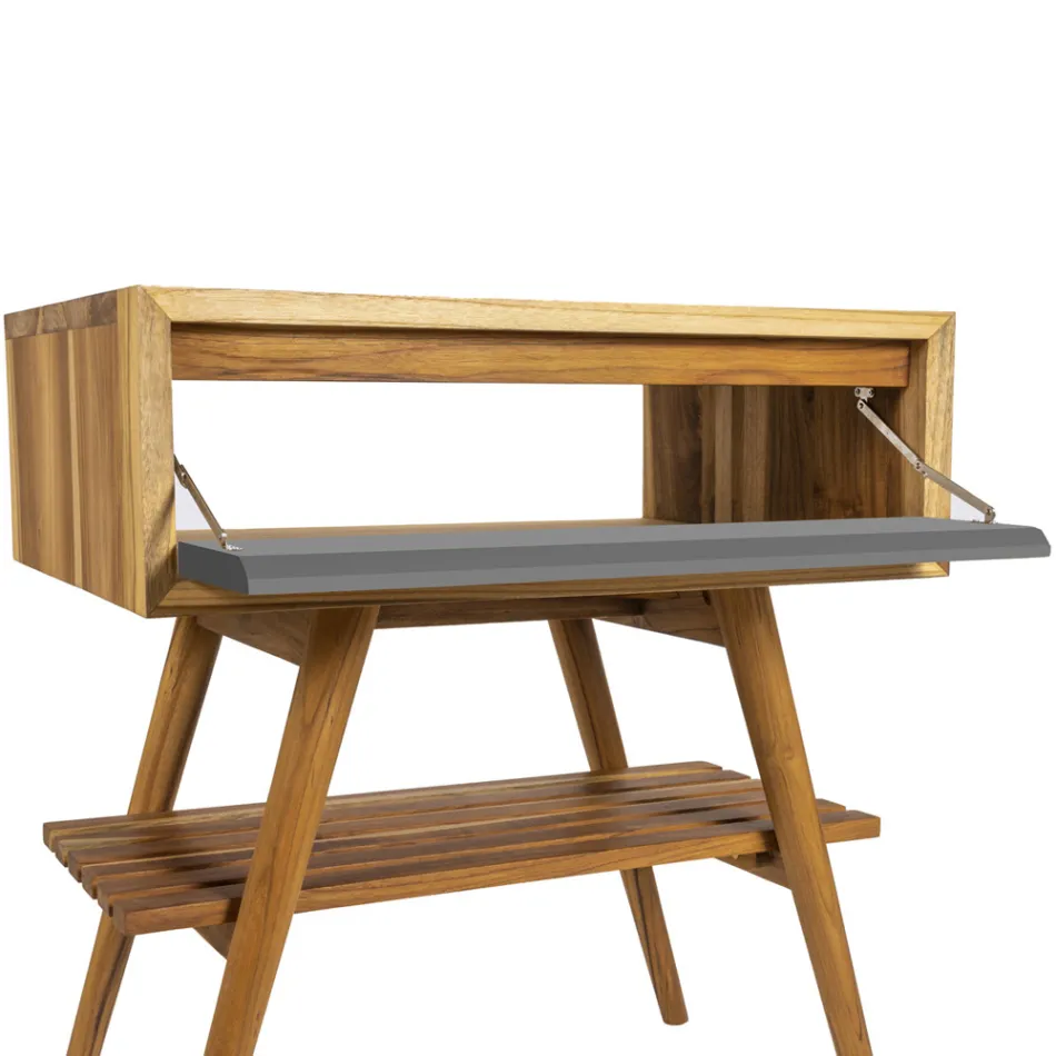 Freistehender Badezimmerschrank aus natürlichem Teakholz mit grauer Farbstütze - Gatien Viadurini