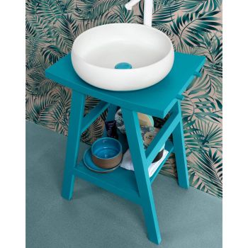 Badezimmerschrank aus Teakholz mit halbgebogener Platte und komfortablem blauem Regal - Raomi