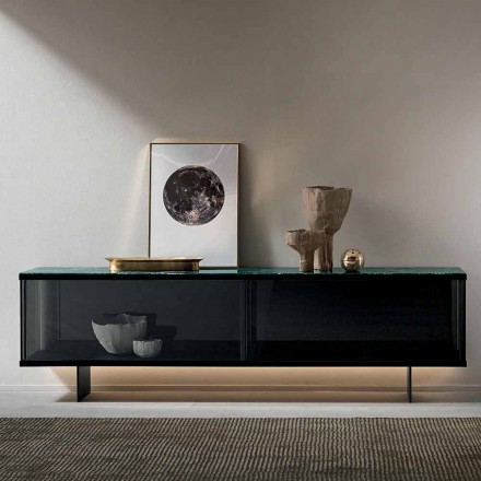 Wohnzimmer-Sideboard aus Rauchglas und grünem oder rotem Marmor mit Led - Leonarda Viadurini