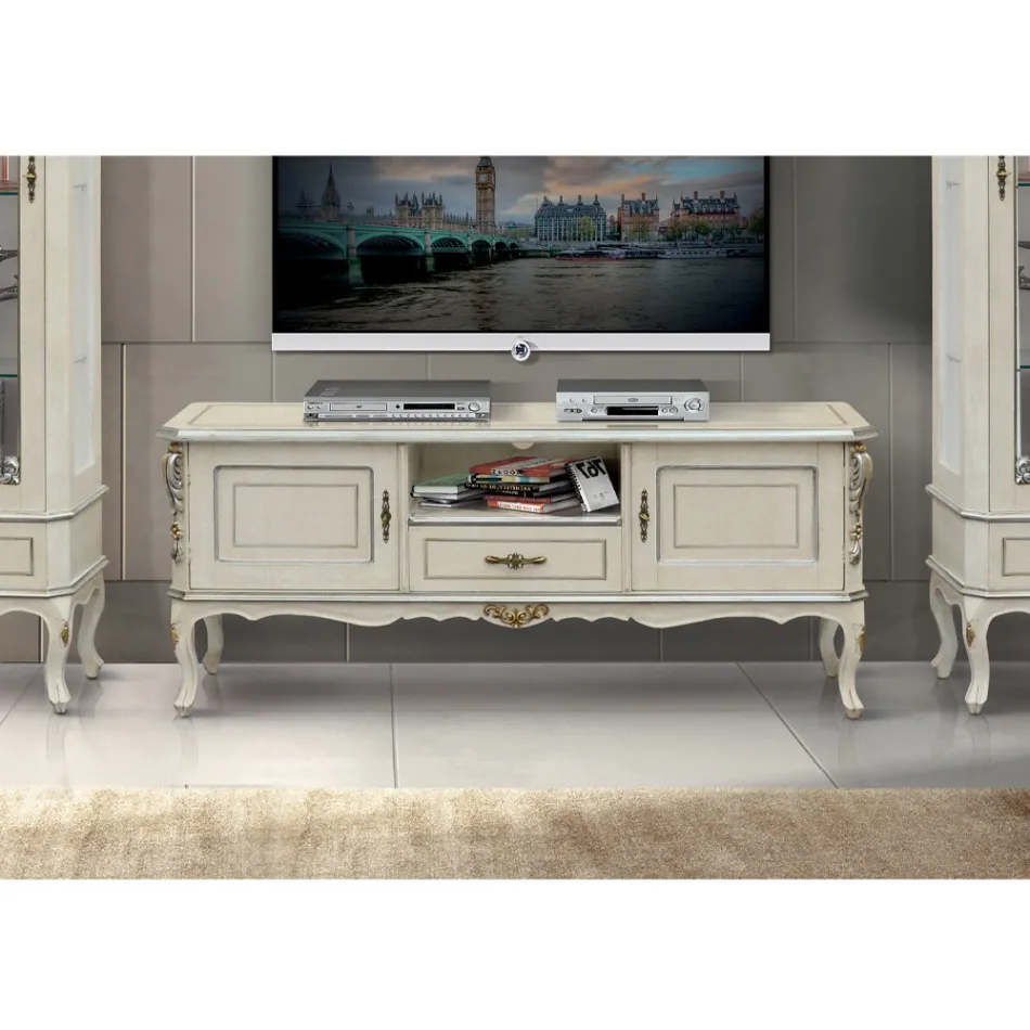 Luxus-TV-Schrank aus weißem und silbernem Holz Made in Italy - Cheverny Viadurini