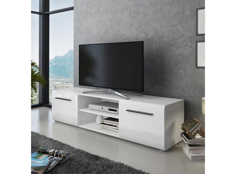 TV-Ständer in weißer Ausführung mit 2 Türen und 1 offenem Fach – Selenio Viadurini