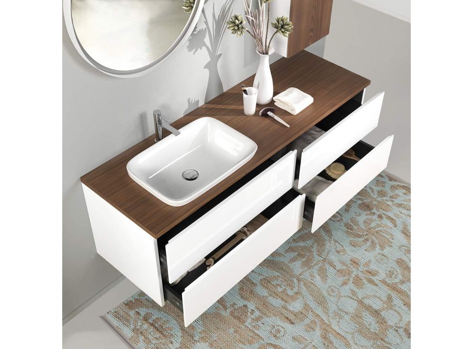 Badezimmermöbel aus weißem Holz und Nussbaum und Keramik 156 cm Made in Italy - Renga Viadurini