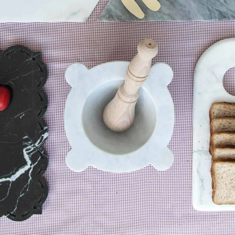 Mörser aus weißem Carrara-Marmor mit Holzstößel Made in Italy - Winda Viadurini