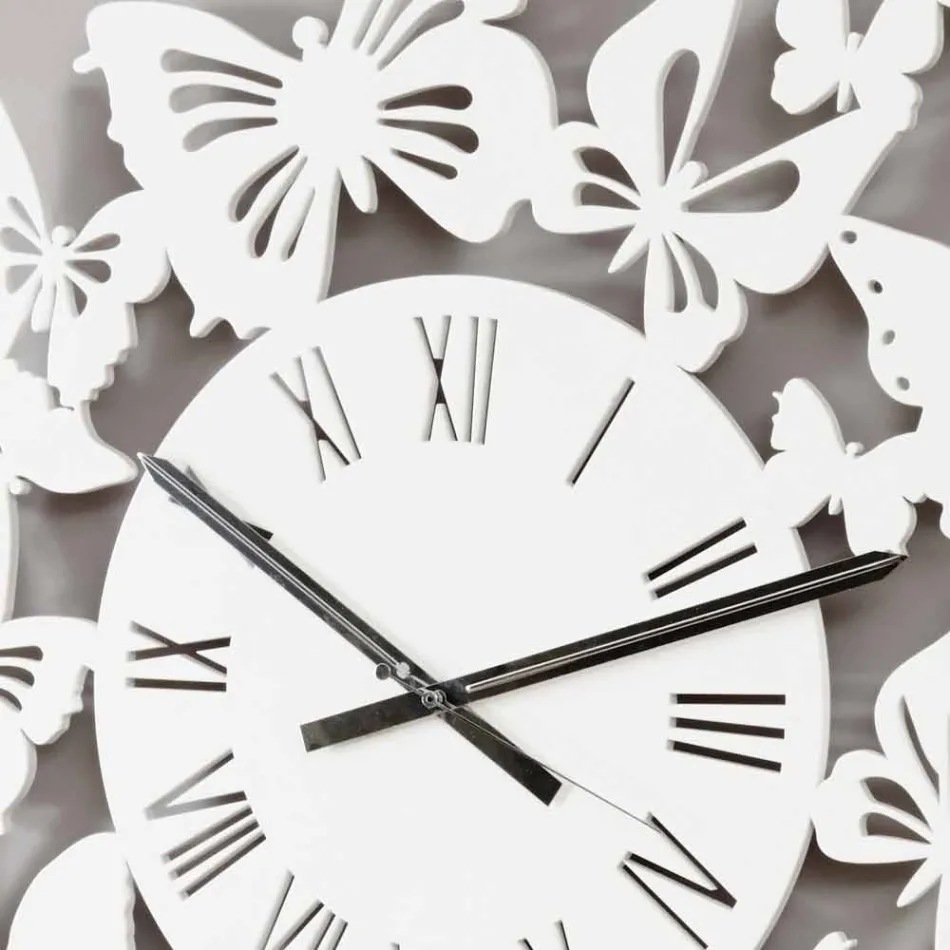 Wanduhr farbiges Holz Modernes Design mit Schmetterlingen verziert - Papilio Viadurini