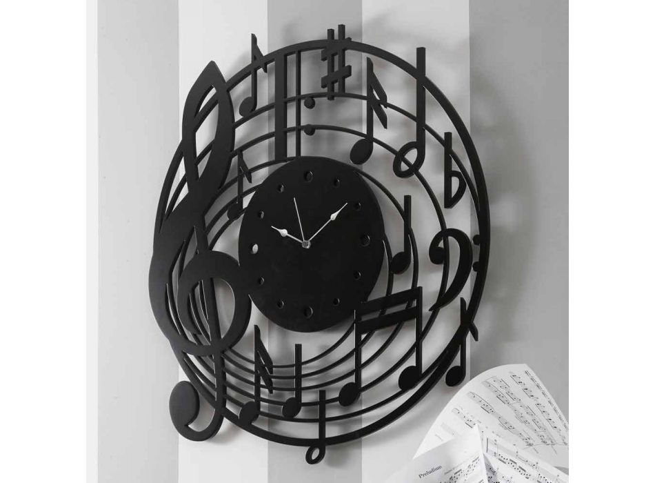 Runde schwarze Wanduhr des modernen Designs in verziertem Holz - Musik Viadurini