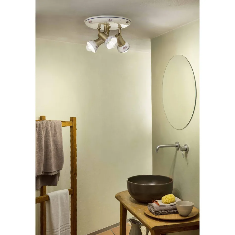 Runde Deckenleuchte 3 Strahler aus Messing und handbemalter Keramik - Savona Viadurini