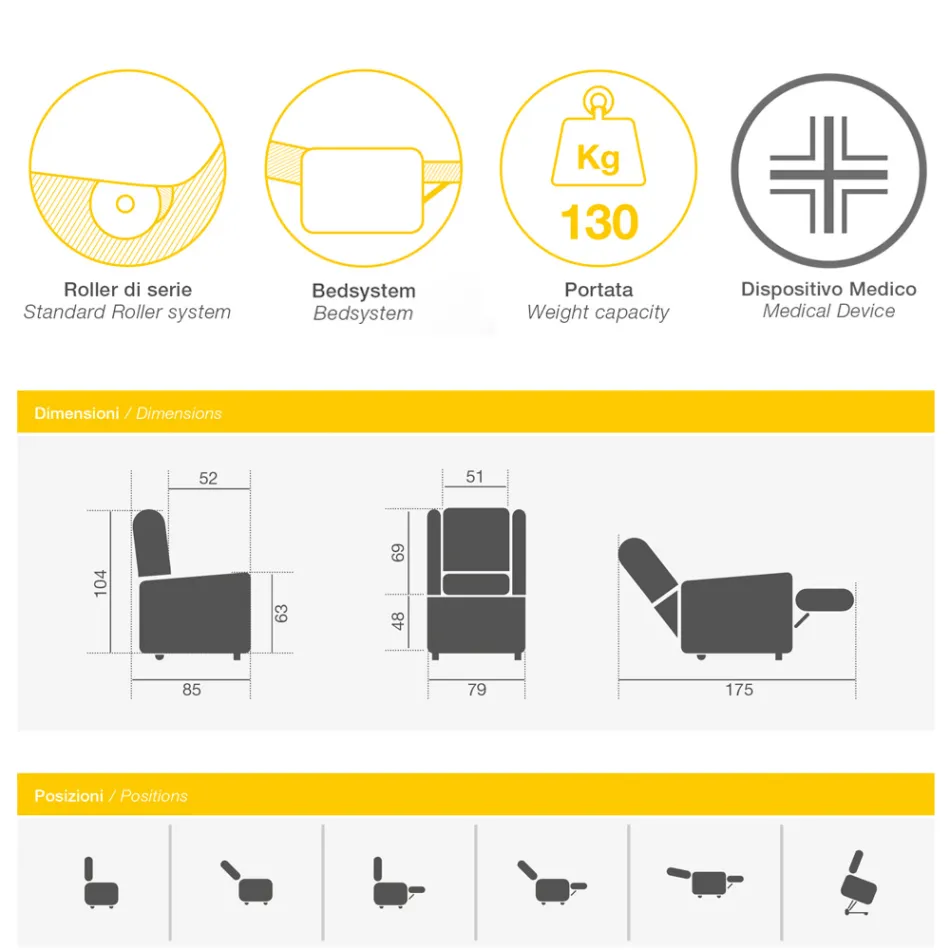 Lift-Sessel mit Lift-, Relax- und Bettfunktion, hergestellt in Italien – Talita Viadurini