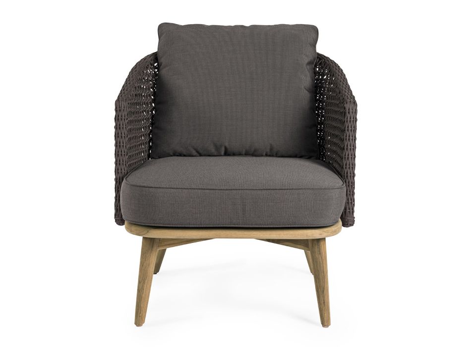 Outdoor-Sessel mit Rückenlehne aus Seil und Beinen aus Teakholz, Homemotion – Chantall Viadurini