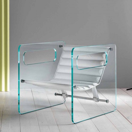 Wohnzimmersessel aus Glas und Sitz aus weißem Leder Modernes Design - Tecna Viadurini