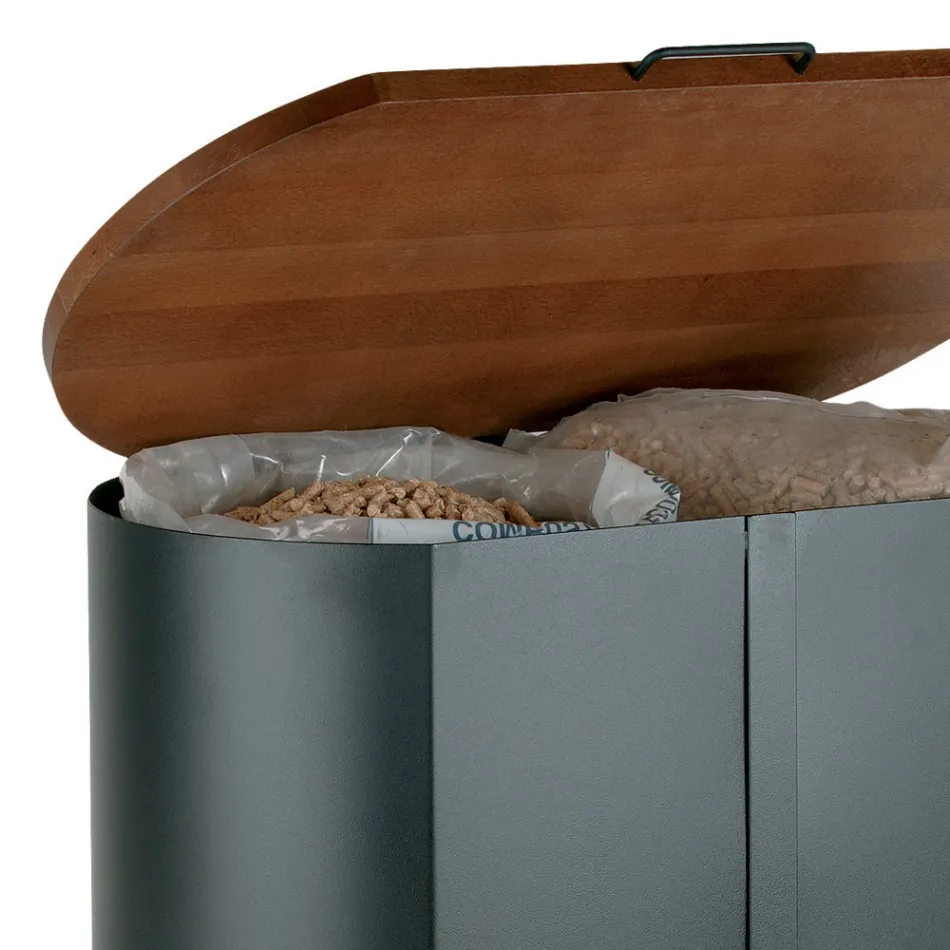 Ovaler Pellethalter aus schwarzem Metall und Holzdeckel, hergestellt in Italien – Bisonte Viadurini