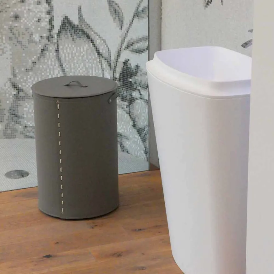 Zylindrischer Wäschekorb aus regeneriertem handgefertigtem Leder Roby Viadurini