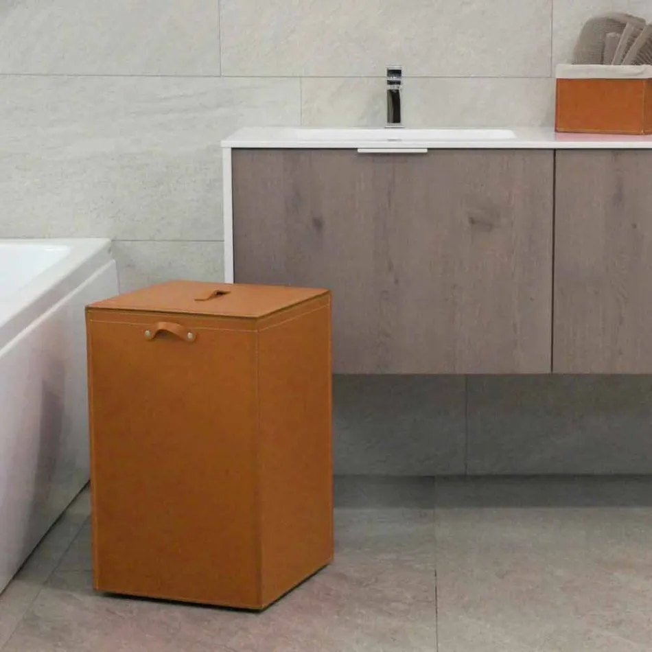 Wäschekorb aus Leder mit quadratischer Basis David, made in Italy Viadurini