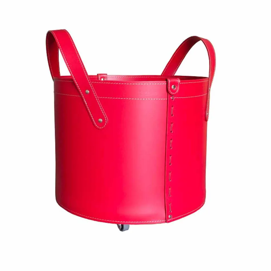 Zylindrischer Holzhalter aus regeneriertem Leder mit Tonda Firestyle Rädern Viadurini