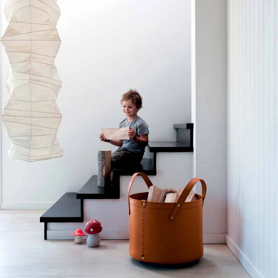 Zylindrischer Holzhalter aus regeneriertem Leder mit Tonda Firestyle Rädern Viadurini