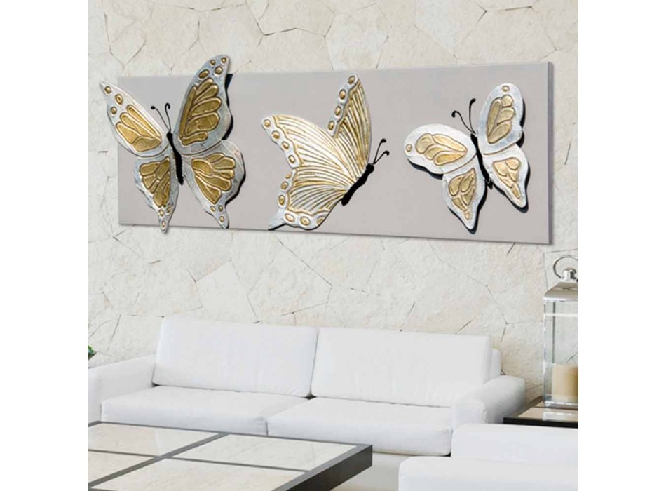 Moderne Malerei mit drei Schmetterlingen im Relief von Hand verziert Stephen