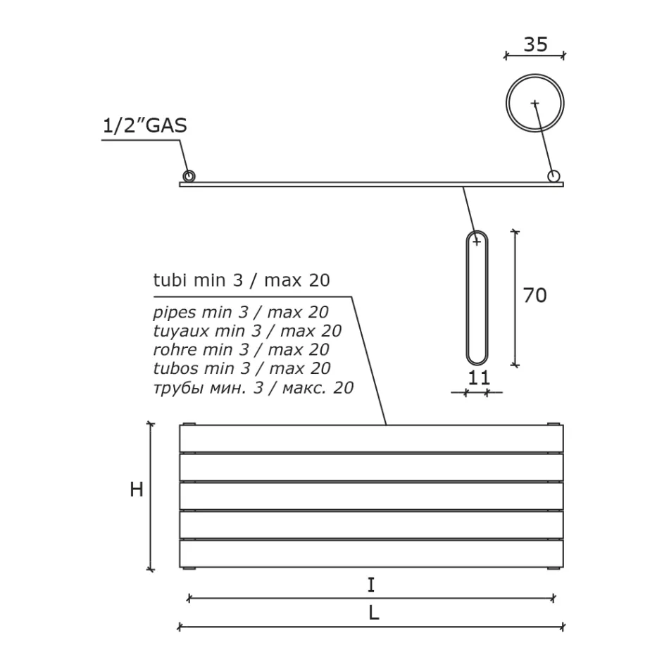 Einzelner hydraulischer Heizkörper aus schwarzem Kohlenstoffstahl Made in Italy - Ciro Viadurini