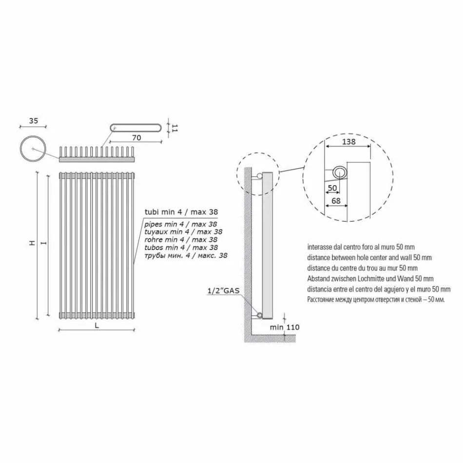 Vertikaler hydraulischer Kühler aus farbigem Stahl bis 1515 Watt - Kondor Viadurini