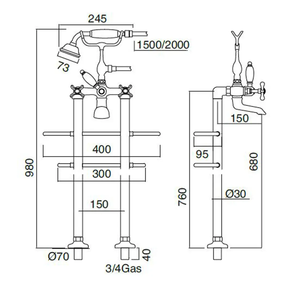 Classic Brass Standbadewasserhahn mit Handbrause - Fioretta Viadurini