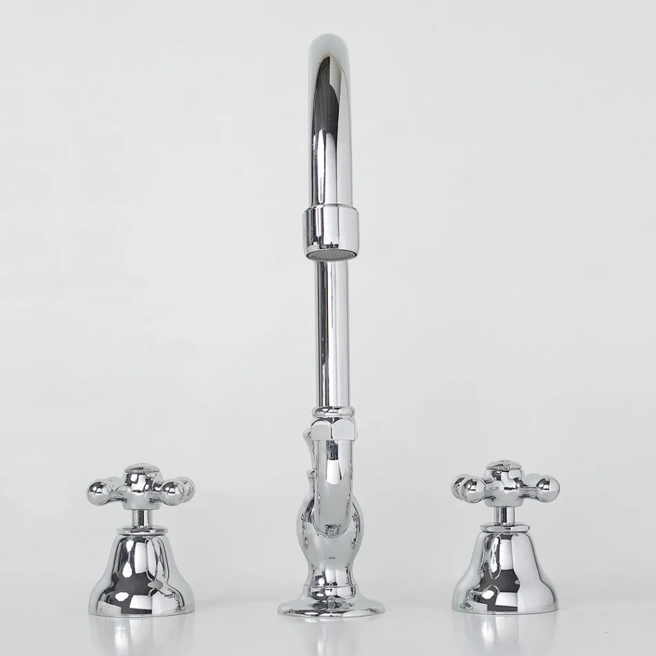 3-Loch-Waschtischarmatur aus Messing mit hohem Auslauf und Abfluss – Ercolina Viadurini