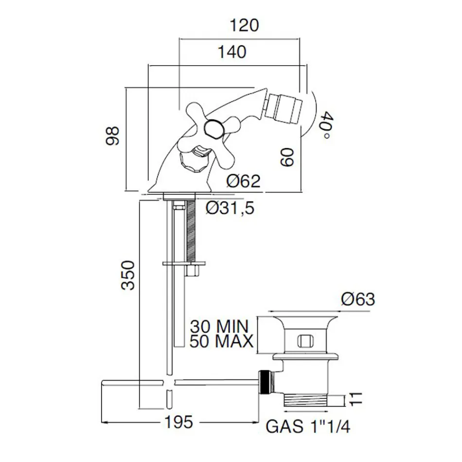 Einloch-Bidethahn aus Messing mit Ablaufgarnitur im klassischen Stil – Ercolina Viadurini