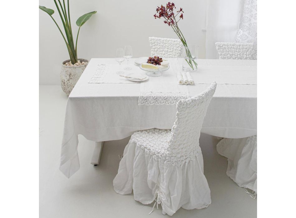 Weißer Tischläufer aus schwerem Leinen mit luxuriöser Häkelspitze an den Seiten – Giangi Viadurini