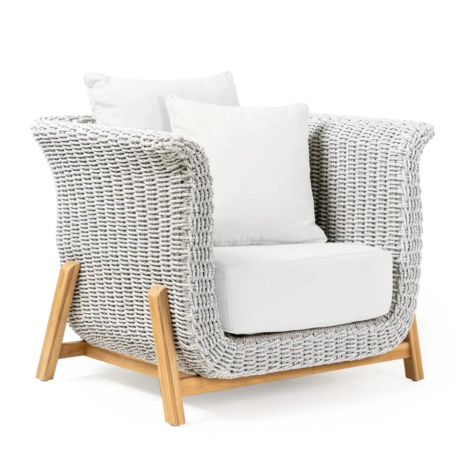 Garten-Wohnzimmer aus Teakholz und handgeflochtenen Seilen - Arjuna Viadurini