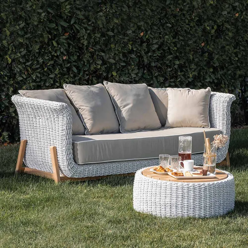 Modulare Gartenlounge aus Teakholz und handgewebtem Seil - Arjuna Viadurini