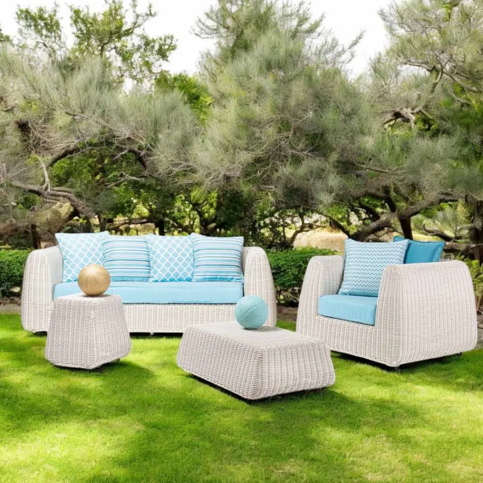 Outdoor-Lounge in Polyrattan und blauen Kissen - Charlie Viadurini