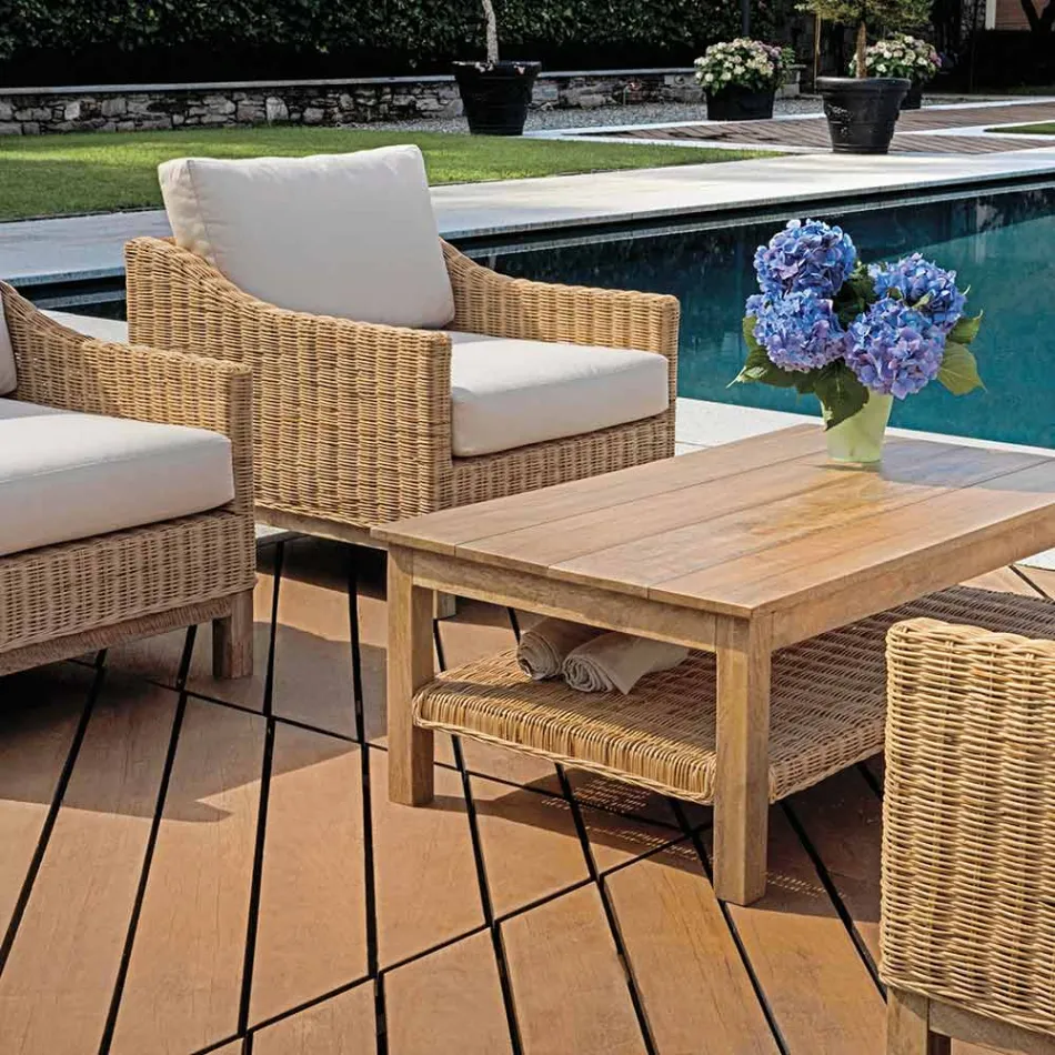 Gartenlounge-Set aus Holz mit Rattan und abnehmbaren Kissen - Silvara Viadurini