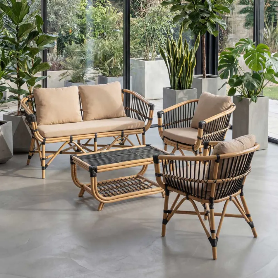 Garten-Lounge-Set aus natürlichem Rattan mit Kissen inklusive - Catelyn Viadurini